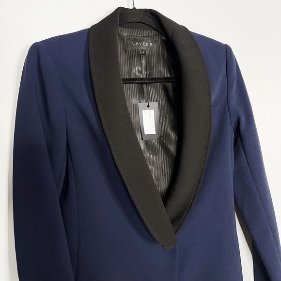 New LAVEER Womens Size 0 Navy Blue Black Tux Blazer Shawl Collar Single Button - Picture 3 of 12